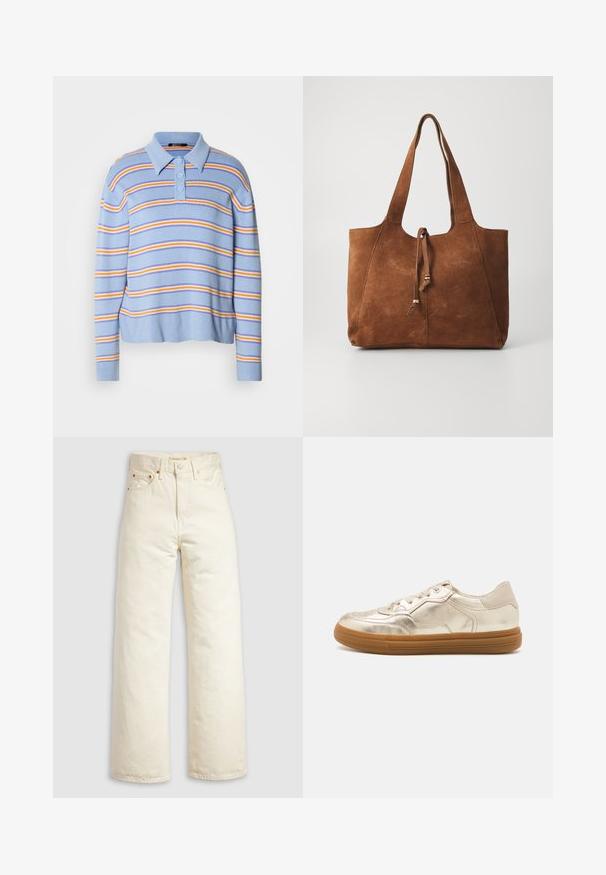 Suéter tipo polo a rayas azul claro con tres botones, con rayas horizontales en blanco, naranja y azul oscuro. Textura de punto suave.; Pantalones vaqueros de pierna ancha en denim color blanco roto, con cintura alta, remaches de cobre y diseño clásico de cinco bolsillos. Tejido texturizado con dobladillos limpios.; Zapatillas doradas metálicas con un acabado suave, que cuentan con una suela de goma, cordones en la parte frontal y perforaciones sutiles en la puntera.; Bolso tote de ante marrón con dos asas largas, cierre de cordón y textura suave. Presenta un diseño sencillo y acentos mínimos.