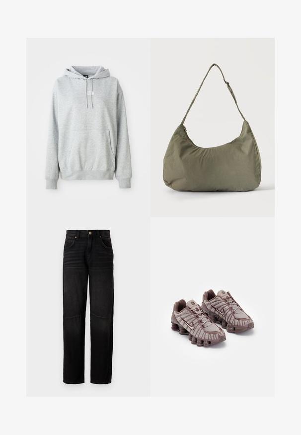 Helle graue Kapuzenjacke mit vorderer Kängurutasche, verstellbarem Kordelzug, gerippten Bündchen und kleinem weißen "The North Face"-Logo auf der Brust.; Schwarze Jeans aus Denim mit geradem Bein, fünf Taschen, Knopfverschluss und dezenten Ausbleichungen an den Oberschenkeln und Knien.; Nike Sportswear SHOX TL - Sneaker low - pumice/night maroon/plum eclipse; Olivgrüne weiche Stoff-Schultertasche mit Reißverschluss und verstellbarem Tragegurt vor einfarbig hellem Hintergrund.
