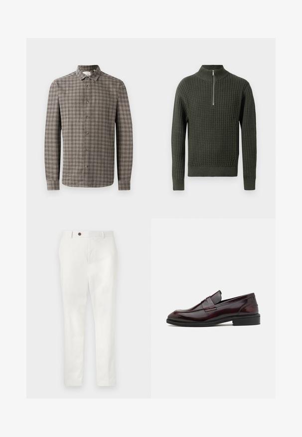 Grøn strikket sweater med høj krave og halv lynlås lukning. Har en struktureret mønster og ribbede manchetter og kant.; Langærmet skjorte med knapper i et brunt og gråt plaidmønster, der har en klassisk krave og knaplukninger foran.; Hvide bukser lavet af letvægtsstof, med lige ben, en enkelt brun knap i taljen og minimalistisk stil.; Bordeaux læder loafers med en glat finish, rektangulær frontdetalje og en afrundet tå, med en sort gummisål.