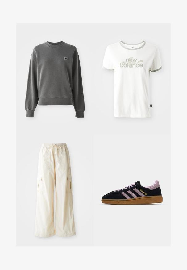 Sweatshirt gris en pulle de mélange de coton doux, doté d'un col rond, de poignets côtelés et d'une petite étiquette logo sur la poitrine gauche.; T-shirt en coton blanc avec des bords gris, arborant un motif floral et le texte "new balance" en vert clair. Manches courtes, coupe standard.; Pantalons cargo à jambes larges en tissu beige clair avec une taille élastique, un cordon de serrage et des poches latérales. Texture douce avec un minimum de détails.; Baskets en suède noir et rose avec semelle en caoutchouc, trois rayures roses, marquage doré "SPEZIAL" et semelle en gomme texturée. Design basse.