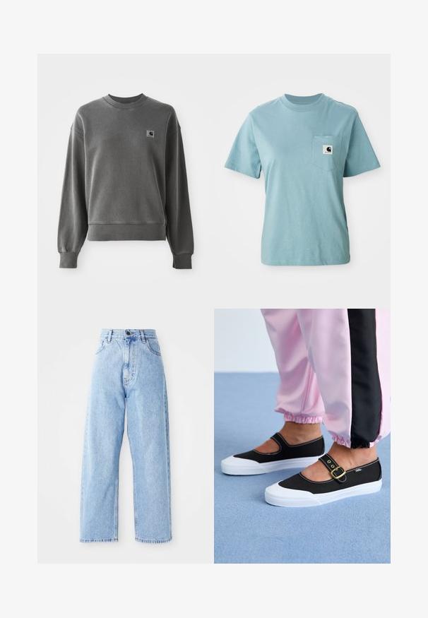 Grå pullover sweatshirt lavet af glat bomuldsblanding, med rund hals, ribbede manchetter og et lille logopatch på venstre bryst.; Lyseblå kortærmet bomulds T-shirt med brystlomme og et lille sort-hvidt Carhartt logo patch.; Højhalset lysblå denimjeans med lige vide ben, frontknap, lynlås lukning samt front- og baglommer.; Sorte lærredssko med en hvid sål, der har et udskæringsdesign og et guldspænde. Bæret med lyserøde træningsbukser.