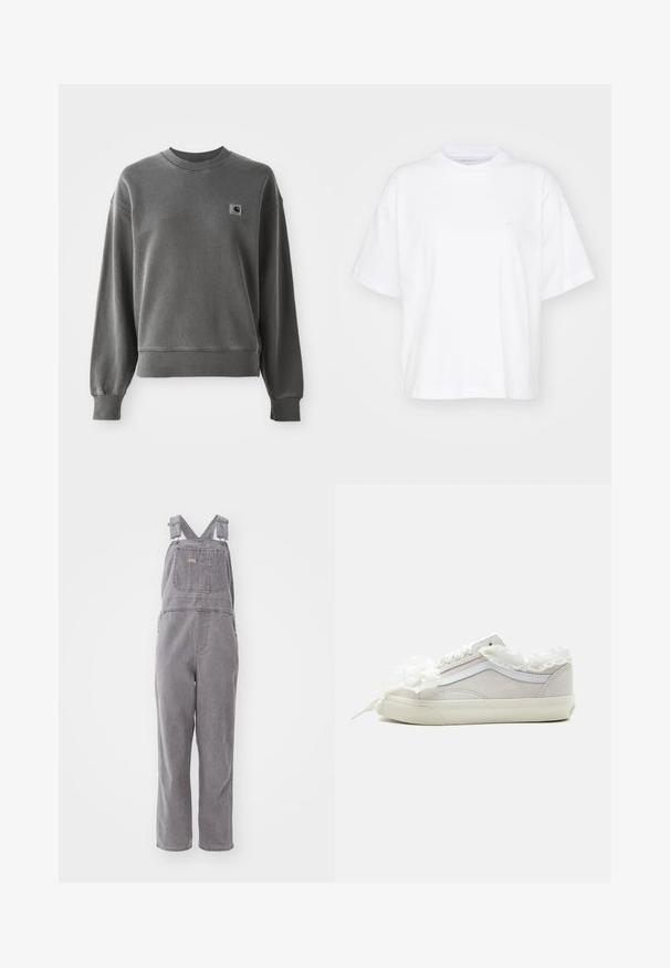 Sudadera gris de algodón suave, con cuello redondo, puños acanalados y un pequeño parche de logo en el lado izquierdo del pecho.; Camiseta de algodón blanca con cuello redondo, mangas cortas y un corte relajado. Presenta un logo sutil en el área del pecho izquierdo. Textura suave.; Overoles de mezclilla gris con tirantes ajustables, un bolsillo frontal y un ajuste relajado. Cuenta con piernas de corte recto y un color sólido en toda la prenda.; Zapatilla blanca de caña baja con cuello de tela fruncida y lazo de encaje sobre un fondo claro y liso, vista lateral.