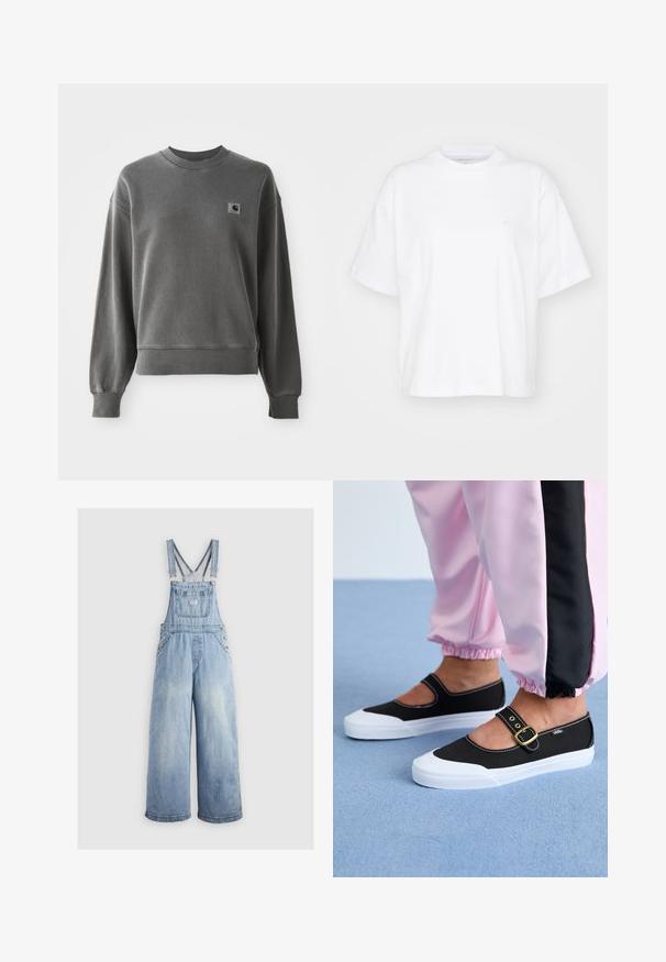Grå pullover sweatshirt lavet af glat bomuldsblanding, med rund hals, ribbede manchetter og et lille logopatch på venstre bryst.; Hvid bomulds t-shirt med rund hals, korte ærmer og en afslappet pasform. Har et diskret logo på venstre brystområde. Glat tekstur.; Lyseblå denim overalls med brede ben, justerbare skulderstropper, frontlomme og metalbuttons på siderne. Klassisk stil med en afslappet pasform.; Sorte lærredssko med en hvid sål, der har et udskæringsdesign og et guldspænde. Bæret med lyserøde træningsbukser.