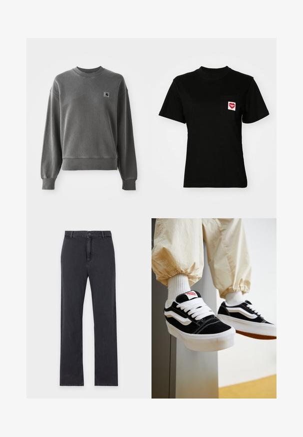 Grå pullover sweatshirt lavet af glat bomuldsblanding, med rund hals, ribbede manchetter og et lille logopatch på venstre bryst.; Sort bomulds t-shirt med rund halsudskæring og korte ærmer. Har en frontlomme med et rødt hjerte-logo og hvid tekst.; Straight-leg sorte jeans med forreste knap- og lynlåslukning, bæltestropper og klassisk fem-lommer design, lagt fladt på hvid baggrund.; Person iført sorte og hvide Vans sneakers med hvide snørebånd, hvide sokker og beige bukser med elastiske manchetter.