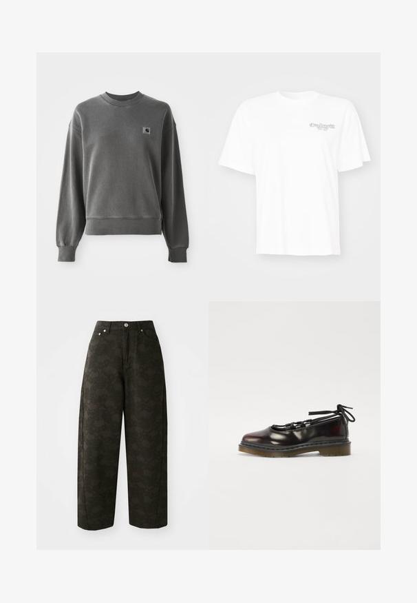 Grå pullover sweatshirt lavet af glat bomuldsblanding, med rund hals, ribbede manchetter og et lille logopatch på venstre bryst.; Hvid bomulds T-shirt med rund hals, korte ærmer og et lille trykt logo på venstre bryst. Glat tekstur, afslappet pasform.; Mørkegrønne vide bukser har et tekstureret blomsterdesign, fem lommer og metalknaplukninger i taljen.; Blanketing mørkerød sko med rund tå, snørebåndsdesign, gummisål og sorte snørebånd, med sølvhardware og synede kanter.