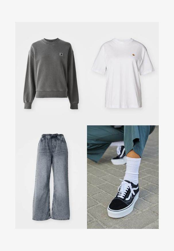 Grijze pullover sweatshirt van een gladde katoenmix, met een ronde hals, geribbelde manchetten en een klein logopatch op de linkerkant van de borst.; Witte katoenen t-shirt met een relaxte pasvorm, korte mouwen en een klein geborduurd logo op de linkerborst.; Grijze wijde denim broek met een elastische tailleband, trekkoordsluiting en zijzakken. Vervaagde textuur over de stof.; Zwarte suède sneaker met witte accenten en veters, uitgerust met een dikke witte zool en contrasterende stiksels, gecombineerd met een witte sok.