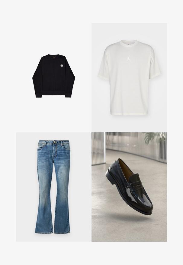 Suéter negro de cuello redondo de manga larga, tejido tipo waffle, con un pequeño logotipo circular blanco en el pecho izquierdo y puños y dobladillo acanalados.; Camiseta de algodón blanca con cuello redondo, mangas cortas y un pequeño logo bordado en el centro. Diseño de corte holgado con costuras mínimas.; Pantalones vaqueros acampanados azules de denim con un lavado desgastado. Tienen cinco pasadores para cinturón, un cierre con botón y detalles de costura clásica.; Mocasín de charol negro con un acento de costura, punta redonda, tacón bajo y superficie suave, exhibido sobre un fondo neutro.