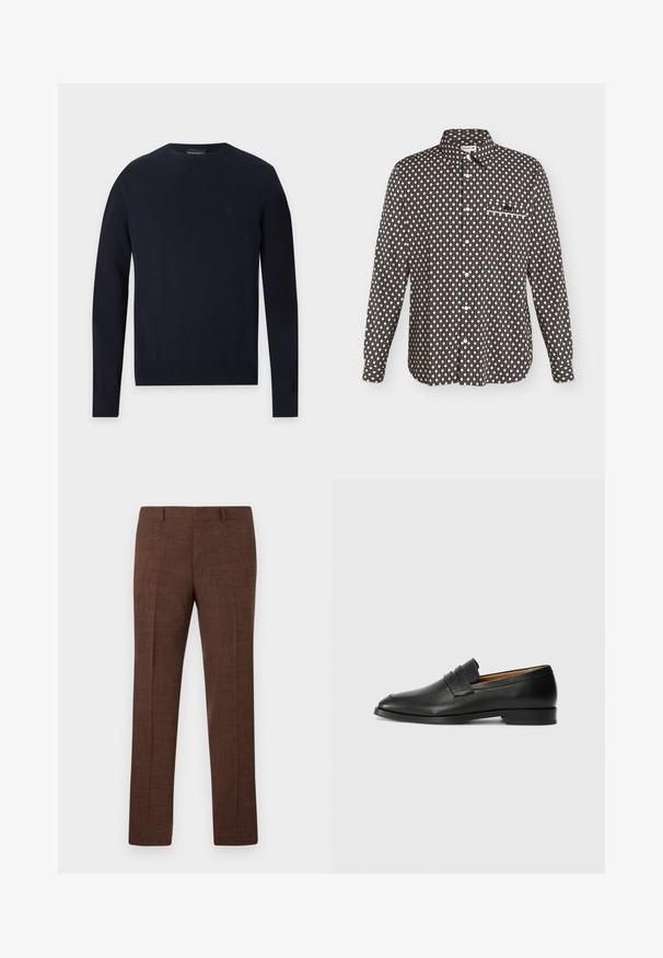 Pull bleu marine à col rond, manches longues, avec poignets et ourlet côtelés sur fond gris clair.; Chemise noire à manches longues boutonnée, motif géométrique blanc, col pointu, poche poitrine avec bordure blanche et boutons blancs visibles sur le devant.; Pantalon de costume marron avec passants pour ceinture et coupe droite, présenté sur un fond blanc.; Mocassin en cuir noir avec un bout arrondi, des coutures subtiles et un talon bas, présentant une texture lisse et un design minimaliste.