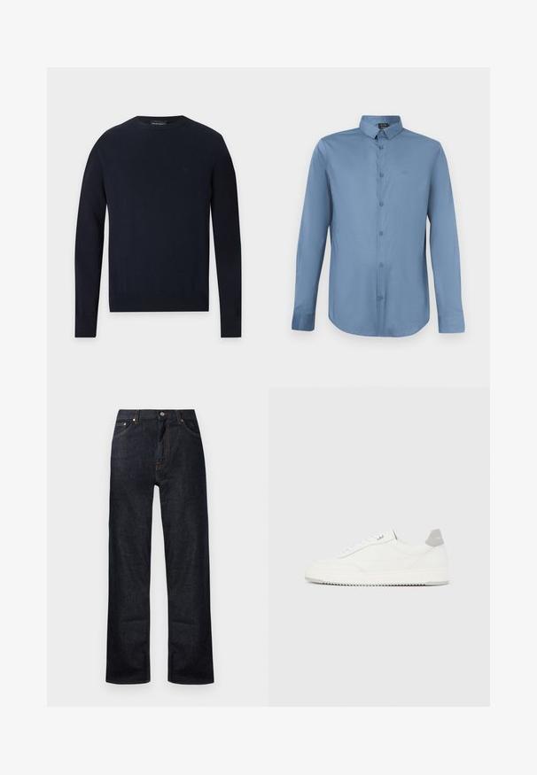 Pull bleu marine à col rond, manches longues, avec poignets et ourlet côtelés sur fond gris clair.; Chemise bleue pour homme à manches longues avec col pointu, boutons à l'avant et logo discret "A|X" sur la poitrine.; Jean en denim bleu foncé avec un design à jambe droite, cinq poches et des détails de surpiqûre orange. Fermeture à bouton en métal et zip.; Baskets basses blanches avec un onglet de talon gris, des lacets blancs et une semelle texturée, présentées sur un fond uni clair.