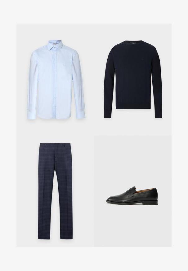 Pull bleu marine à col rond, manches longues, avec poignets et ourlet côtelés sur fond gris clair.; Chemise bleu clair à manches longues avec boutons, en tissu texturé. Comprend un col classique et une broderie de logo discrète sur la poitrine.; Pantalon habillé bleu marine avec un motif à carreaux bleu clair subtil, passants pour ceinture et plis avant soignés.; Mocassin en cuir noir avec un bout arrondi, des coutures subtiles et un talon bas, présentant une texture lisse et un design minimaliste.