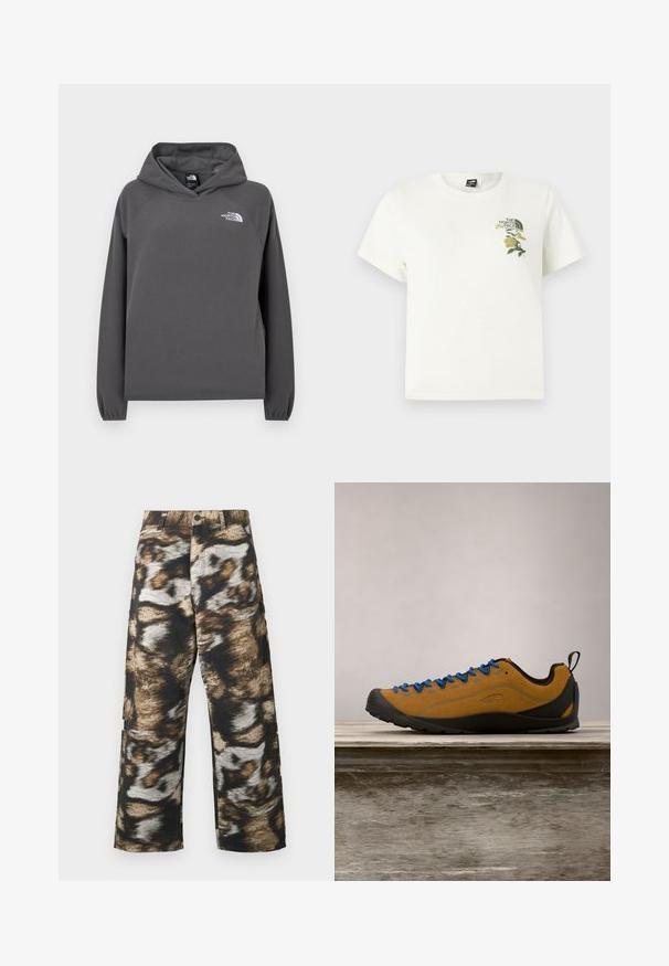 Grijze capuchontrui van fleece met een ontspannen pasvorm, geribbelde manchetten en een klein wit logo op de linker borst. Zachte textuur en eenvoudig ontwerp.; Wit katoenen T-shirt met korte mouwen. Voorzien van groene en gele geborduurde bloemen op de linkerborst, inclusief logo. Regular fit.; Wijd uitlopende broek met een gedurfd, abstract patroon in zwart, bruin en crèmekleuren. Gemaakt van gestructureerde stof met een hoge taille.; Bruine suède outdoor schoen met blauwe veters, zwarte rubberen zool en een slank ontwerp. Beschikt over een trek lus aan de achterkant voor gemakkelijk aantrekken.