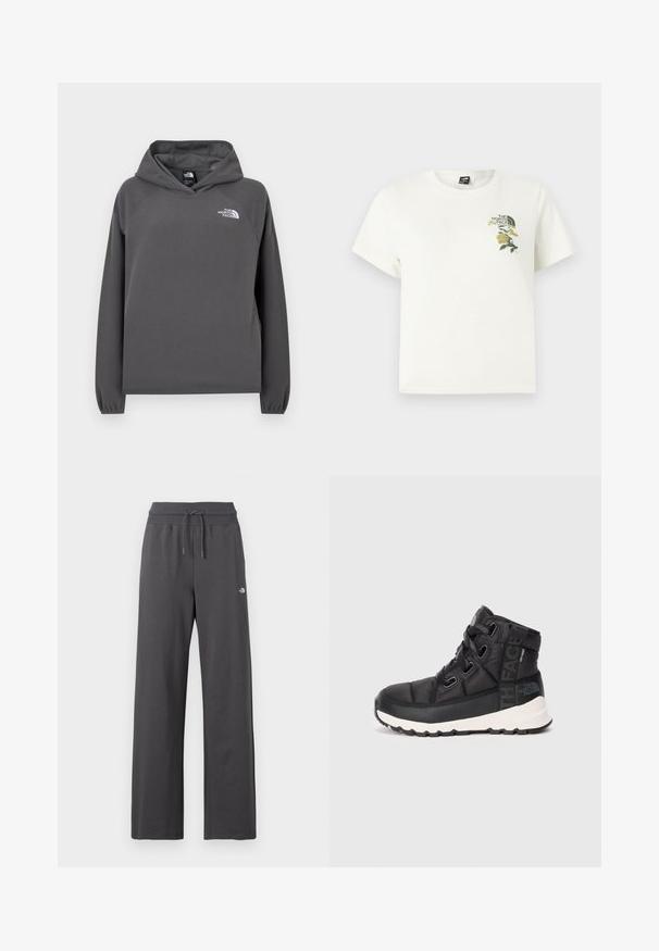 Grijze capuchontrui van fleece met een ontspannen pasvorm, geribbelde manchetten en een klein wit logo op de linker borst. Zachte textuur en eenvoudig ontwerp.; Wit katoenen T-shirt met korte mouwen. Voorzien van groene en gele geborduurde bloemen op de linkerborst, inclusief logo. Regular fit.; Donkergrijze sweatpants met wijde pijpen, voorzien van een geribbelde elastische tailleband en een trekkoord, met een klein wit logo op de rechterdij.; Zwarte mid-top wandelschoenen met een gestructureerde afwerking, verstelbare veters en een witte rubberen zool. Heeft merkbranding aan de zijkant.