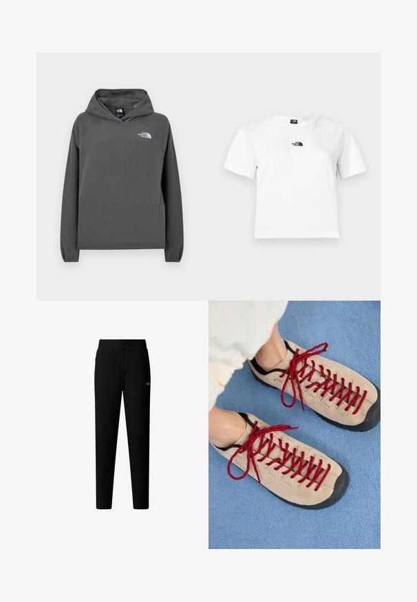 Grijze capuchontrui van fleece met een ontspannen pasvorm, geribbelde manchetten en een klein wit logo op de linker borst. Zachte textuur en eenvoudig ontwerp.; Wit katoenen t-shirt met korte mouwen, een ronde hals en een zwart The North Face-logo op de borst. Eenvoudig, onopgesmukt ontwerp.; The North Face W QUEST SOFTSHELL PANTS - Broek - tnf black; Beige schoenen met rode veters, geplaatst op een blauwe, gestructureerde ondergrond, onthullen gedeeltelijk de enkel van een persoon. De schoenen hebben een sportief ontwerp.