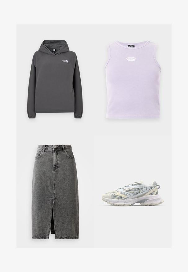 Grå hættetrøje i fleece med en afslappet pasform, ribbede ærmegab og en lille hvid logo på venstre bryst. Blød tekstur og enkelt design.; Lyse lilla ribbet ærmeløs cropped top med en lille hvid broderet logo midt ved halsudskæringen.; Højtaljet, falmet sort denim midi-nederdel med en frontslids, bæltesløjfer og klassisk fem-lomme design.; Mesh atletiksko i grå og creme, med en tekstureret overdel, forstærket tå og en lysfarvet, robust ydersål for greb.