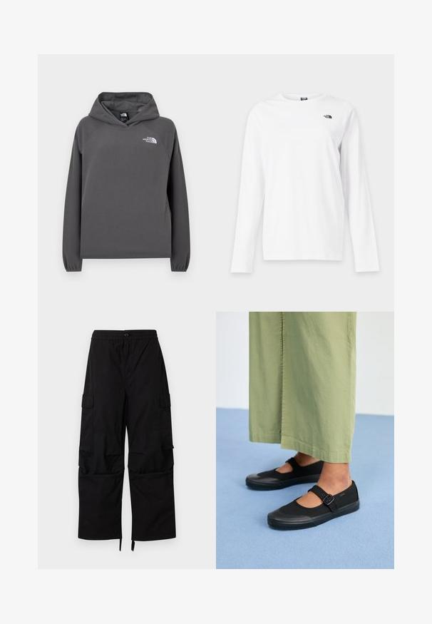 Grå hættetrøje i fleece med en afslappet pasform, ribbede ærmegab og en lille hvid logo på venstre bryst. Blød tekstur og enkelt design.; Hvid langærmet T-shirt med rund hals og lille sort The North Face-logo på venstre bryst.; Sorte cargobukser med elastisk talje, knaplukning, sidelommer med klap og brede, lige ben med justerbare kanter.; Sorte kanvas sko med rund tå, gummisål og en spænde rem. Parret med løse, lysegrønne bukser.