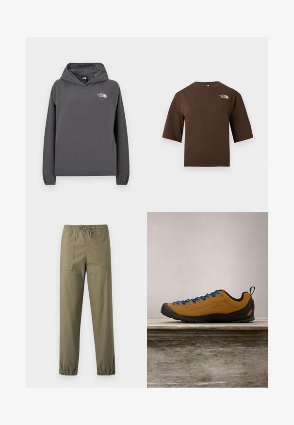 Grå hættetrøje i fleece med en afslappet pasform, ribbede ærmegab og en lille hvid logo på venstre bryst. Blød tekstur og enkelt design.; Brun t-shirt med korte ærmer og rund hals samt The North Face-logo i hvidt trykt på øverste venstre bryst.; Olivengrønne bukser lavet af et glat stof med elastisk taljebånd, justerbar snor og elastiske manchetter ved anklerne.; Brun ruskind udendørs sko med blå snørebånd, sort gummisål og et strømlinet design. Har en bageste pull-tab for nem påtagning.