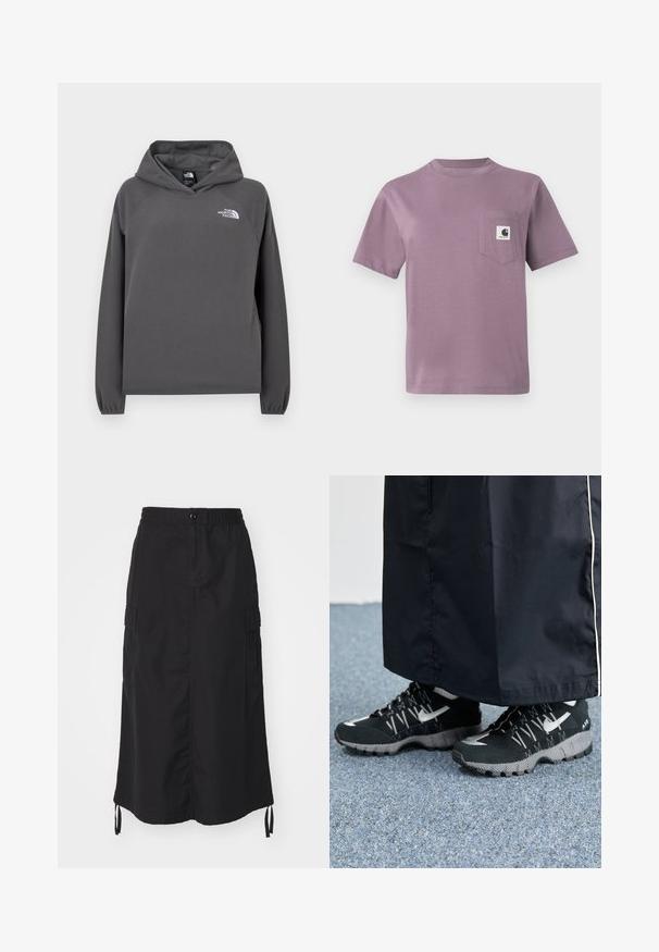 Grijze capuchontrui van fleece met een ontspannen pasvorm, geribbelde manchetten en een klein wit logo op de linker borst. Zachte textuur en eenvoudig ontwerp.; Lila katoen t-shirt met een ronde hals, korte mouwen en een borstzakje aan de linkerkant met een logo-label. Zachte textuur, casual pasvorm.; Zwarte mid-lange rok van lichtgewicht stof. Heeft een elastische tailleband, knoopsluiting en zijzakken met trekkoordaccenten.; Zwarte atletische schoenen met een gestructureerde bovenkant, zilveren accenten en een gestippelde loopzool, gecombineerd met een zwart lang kledingstuk. Geplaatst op een blauwe vloerbedekking.