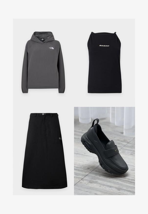 Grijze capuchontrui van fleece met een ontspannen pasvorm, geribbelde manchetten en een klein wit logo op de linker borst. Zachte textuur en eenvoudig ontwerp.; Zwarte mouwloze haltertop met smalle bandjes en "Dickies" in beige, gecentreerd op de borst tegen een effen lichte achtergrond.; Zwarte midilange rok met verstelbare taillebandriem en het The North Face-logo aan de rechterkant.; Zwarte lederen instapschoen met een platte zool, een gestructureerde afwerking, een gevoerde bovenzijde en een gouden logo-accent. Ontworpen voor comfort en gemakkelijke draagbaarheid.