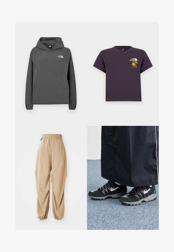 Sweat à capuche gris en polaire avec une coupe décontractée, des poignets côtelés et un petit logo blanc sur la poitrine gauche. Texture douce et design simple.; T-shirt en coton violet à col rond, orné d'un motif floral brodé et d'un logo sur le côté gauche de la poitrine. Manches courtes, coupe décontractée.; Pantalons légers beige avec une taille élastique, des poignets effilés et une texture lisse, présentant une coupe décontractée et sans motifs ni embellissements visibles.; Des chaussures de sport noires avec un dessus texturé, des accents argentés et une semelle extérieure à motifs, associées à un long vêtement noir. Présentées sur un tapis bleu.