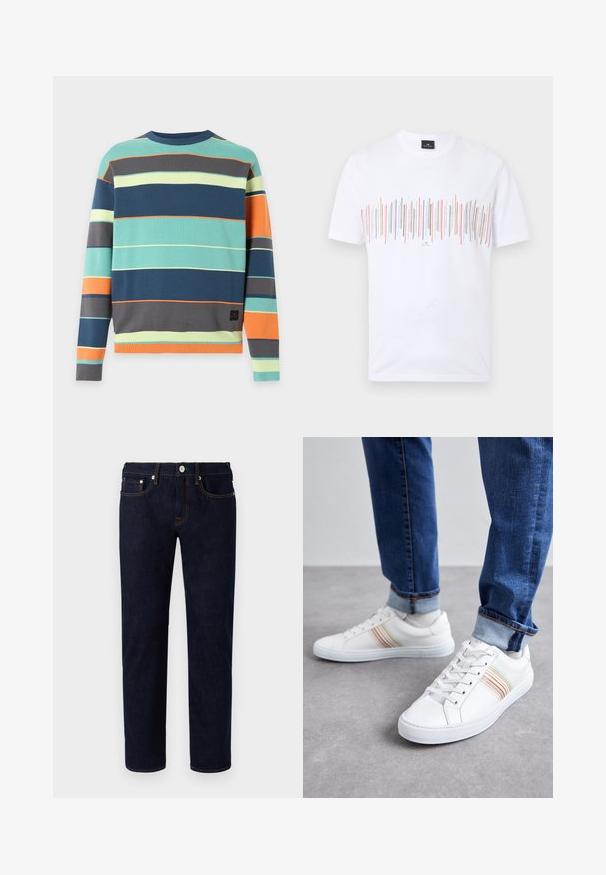 Trui met lange mouwen en ronde hals met horizontale strepen in petrol, marineblauw, grijs, oranje en lichtgeel op een effen achtergrond.; Wit T-shirt met korte mouwen en meerkleurige verticale strepen over de borst, met een klein zwart label bij de halslijn.; Donkerblauwe denim jeans met een recht model, voorzien van oranje stiksels, vijf zakken en een knoopsluiting aan de voorkant.; Witte leren sneakers met meerkleurige strepen, vetersluiting, rubberen zool en gevoerd kraagje, gecombineerd met blauwe spijkerbroek.