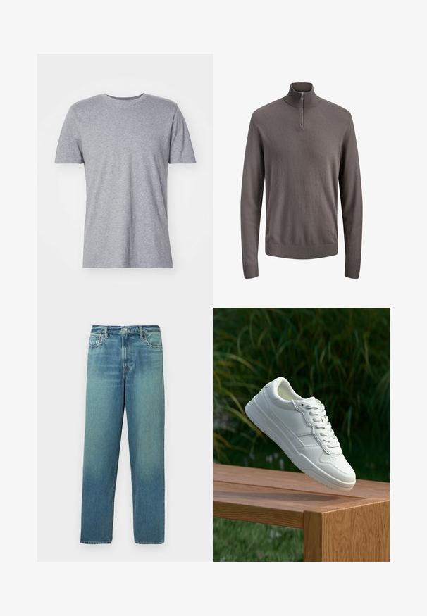 Jersey de punto de manga larga color topo con cuello con cremallera de cuarto y puños y bajo acanalados, mostrado sobre un fondo blanco.; Camiseta gris de manga corta hecha de una mezcla de algodón, con un clásico cuello redondo y una textura lisa y suave.; Vaqueros de mezclilla, azul claro con efecto desgastado, diseño de pierna recta, disposición estándar de cinco bolsillos, cierre de botón y cremallera de latón.; Zapatilla de cuero blanca con una textura suave, que presenta un diseño perforado, cordones clásicos y suela de goma, posicionada sobre una superficie de madera.