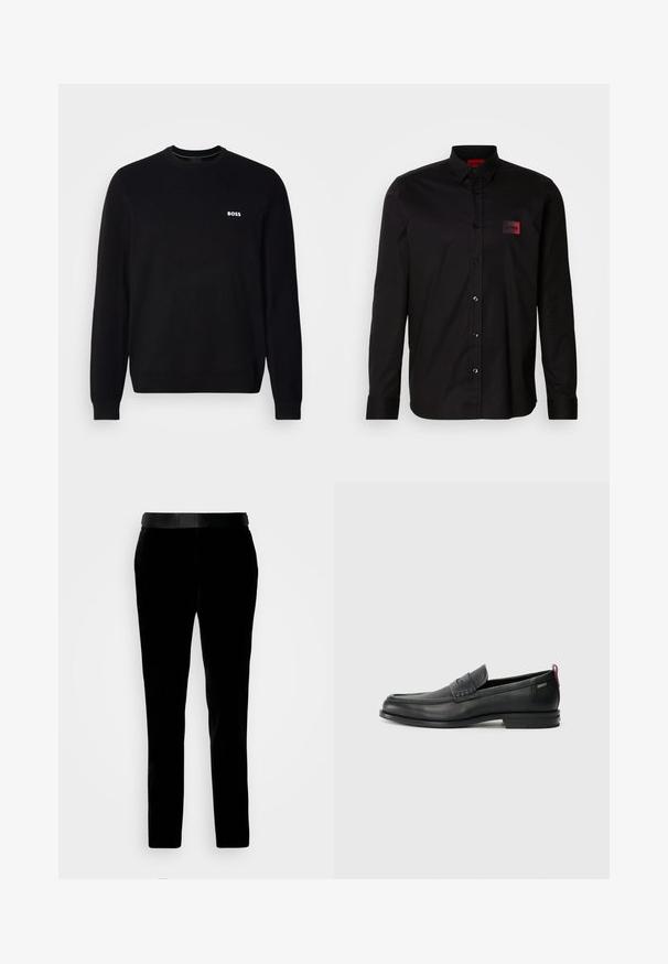 Mustmustük pikkade varrukatega crewneck-sweater, mille vasakul rinnal on väike valge "BOSS" logo, ribitud varrukate ja allääriga, esitatud valge tausta ees.; Must pikkade varrukatega särk, mis on valmistatud siledast kangast, varustatud nööpidega sulgemiseks, klassikalise kraega ja väikese punase kaubamärgiga plaastriga rinnal.; Mustad sametist püksid, millel on kohandatud lõige, sile tekstuur ja sobiv vöökoht. Omab sirgeid jalgu ja küljetaskuid.; Mustad mustad nahast loafers tekstuuriga esipaneeli ja siledate külgedega. Omab peent kand ja tagumist silmust lihtsaks selga panemiseks. Klassikaline disain.