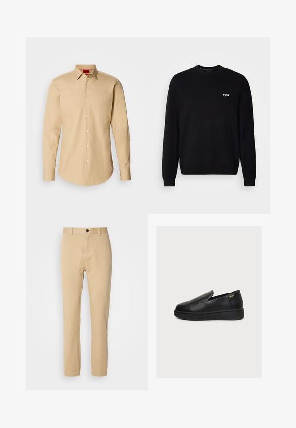 Suéter negro de manga larga con cuello redondo, con un pequeño logotipo blanco "BOSS" en el lado izquierdo del pecho, puños y dobladillo de canalé, presentado sobre un fondo blanco.; Camisa beige de botones hecha de tejido suave, con un cuello clásico, mangas largas y una textura sutil con botones blancos.; Chinos beige con una suave tela de algodón, corte ajustado, frontal plano, presillas para cinturón y un cierre de un solo botón. Diseño ajustado con costuras sutiles.; Zapato negro de plataforma de piel con diseño slip-on, suela gruesa y pequeño logo dorado "HUGO" cerca del talón sobre un fondo claro y liso.
