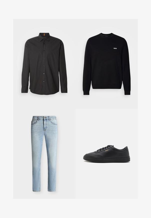 Pull en laine noir à manches longues avec un petit logo blanc "BOSS" sur la poitrine gauche, des poignets et un ourlet côtelés, présenté sur un fond blanc.; Chemise noire à manches longues en tissu léger. Elle dispose d'un col boutonné, de boutons à l'avant et d'un logo brodé sur la poitrine.; Jean slim bleu clair en denim avec bouton et fermeture éclair à l'avant, design cinq poches et décoloration subtile de la cuisse au genou.; Baskets en cuir noir avec une texture lisse, bout rond, semelle en caoutchouc plate et lacets ton sur ton. Présente une marque "BOSS" dorée sur le côté.