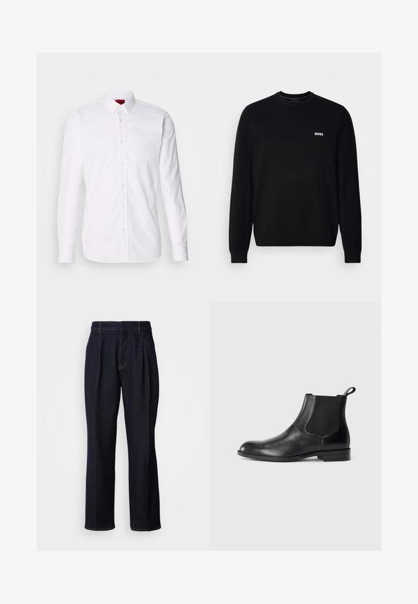 Pull en laine noir à manches longues avec un petit logo blanc "BOSS" sur la poitrine gauche, des poignets et un ourlet côtelés, présenté sur un fond blanc.; Chemise blanche à manches longues avec col classique, patte de boutonnage à l'avant et texture en coton lisse.; Jean en denim large à jambes bleues foncées avec des plis devant et des coutures orange, présenté sur fond blanc.; Bottine en cuir noir avec des panneaux latéraux élastiques, bout rond et tirette. Texture lisse, semelle plate, design minimaliste.
