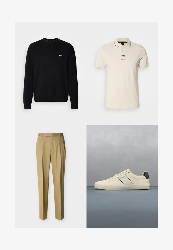 Suéter negro de manga larga con cuello redondo, con un pequeño logotipo blanco "BOSS" en el lado izquierdo del pecho, puños y dobladillo de canalé, presentado sobre un fondo blanco.; Polo beige de manga corta hecho de algodón, con cuello clásico, dos botones y un logo negro con dos rayas negras debajo.; Pantalones beige a medida con trabillas para cinturón y pliegue frontal, mostrados sobre un fondo claro y liso.; Zapatillas de color crema con una textura suave, que presentan acentos y marcas en negro. Diseño clásico de cordones con punta redonda y suela de goma.