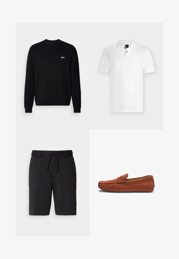 Suéter negro de manga larga con cuello redondo, con un pequeño logotipo blanco "BOSS" en el lado izquierdo del pecho, puños y dobladillo de canalé, presentado sobre un fondo blanco.; Polo blanco de manga corta con tapeta de dos botones y logo discreto de la marca en el pecho, mostrado sobre un fondo liso.; Pantalones cortos negros con un patrón texturizado, cinturilla elástica y cordón ajustable para un mejor ajuste. Longitud hasta el medio muslo, diseño simple sin bolsillos visibles.; Mocasín para hombre de ante marrón, estilo slip-on, con detalles cosidos y suela de goma, con la marca grabada en el panel lateral.