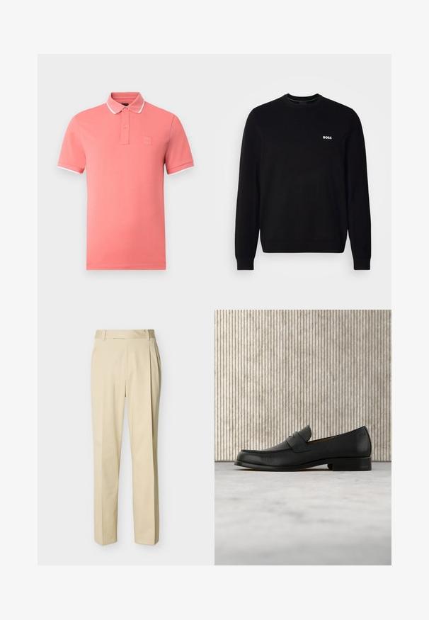 Pull en laine noir à manches longues avec un petit logo blanc "BOSS" sur la poitrine gauche, des poignets et un ourlet côtelés, présenté sur un fond blanc.; Polo homme rose corail avec bordure blanche au col et aux manches, manches courtes, patte à deux boutons.; Pantalon beige à jambe droite avec passants de ceinture et plis sur le devant, sur un fond uni clair.; Mocassin en cuir noir flottant au-dessus d'un tapis beige avec une table ronde brune brillante en arrière-plan.