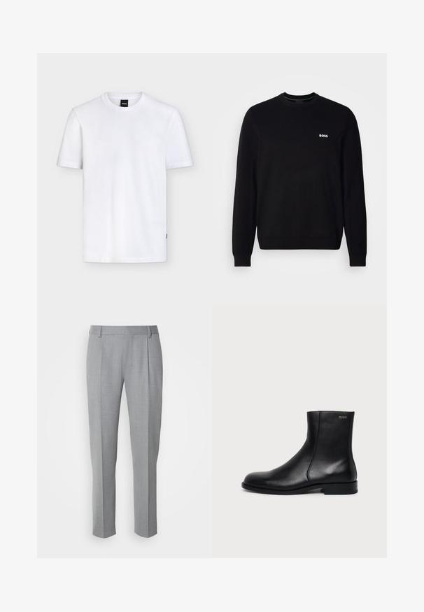 Schwarzer langärmliger Rundhalsausschnitt-Pullover mit kleinem weißen "BOSS"-Logo auf der linken Brust, gerippten Bündchen und Saum, vor einem weißen Hintergrund präsentiert.; Schlichtes weißes T-Shirt mit kurzen Ärmeln und Rundhalsausschnitt, mit einem kleinen schwarzen Markenetikett am Kragen und dezenter Stoffstruktur.; Grau zugeschnittene Hosen mit glatter Textur, flachem Frontbereich, geraden Beinen und dezenten Falten für zusätzliche Details.; Schwarzer Leder-Knöchelstiefel mit niedrigem Absatz, seitlicher Naht und kleinem "HUGO" Logo am oberen Schaft vor einfarbigem Hintergrund.