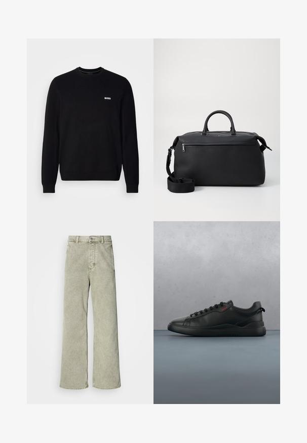 Sort langærmet crewneck trøje med lille hvid "BOSS" logo på venstre bryst, ribbede manchetter og bund, præsenteret mod en hvid baggrund.; Lys grøn brede jeans med høj talje, lavet af denim, med knaplukning og klassisk fem-lommer design.; HUGO BLAKE - Sneakers - black; Sort læder duffel taske med to top hanke, en aftagelig skulderrem og en lynlåslomme foran til ekstra opbevaring.