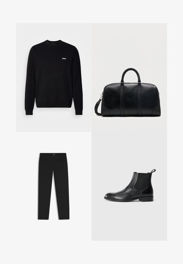 Pull en laine noir à manches longues avec un petit logo blanc "BOSS" sur la poitrine gauche, des poignets et un ourlet côtelés, présenté sur un fond blanc.; Jeans en denim noir avec une coupe slim, dotés de poches avant, d'une fermeture à bouton et zip, et d'un label de marque à la ceinture de BOSS.; Bottine en cuir noir avec des panneaux latéraux élastiques, bout rond et tirette. Texture lisse, semelle plate, design minimaliste.; Sac de voyage en cuir noir avec deux poignées supérieures, bandoulière amovible et petit logo "Hugo" centré près de la fermeture éclair supérieure.