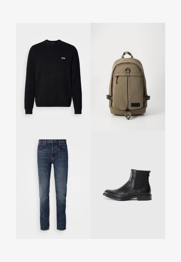 Sort langærmet crewneck trøje med lille hvid "BOSS" logo på venstre bryst, ribbede manchetter og bund, præsenteret mod en hvid baggrund.; Mørkeblå denimjeans med lige ben, fem lommer og kontraststing. Let fadet overflade med en klassisk pasform.; Sort læder Chelsea-støvle med elastiske sidepaneler, afrundet tå og lav, stablet hæl. Har en rød løftestrop og subtil branding på siden.; Khaki rygsæk med en glat stoftekstur, lynlåslomme foran, justerbare stropper og en sort logo-patch. Har et bærrehåndtag og spænde.