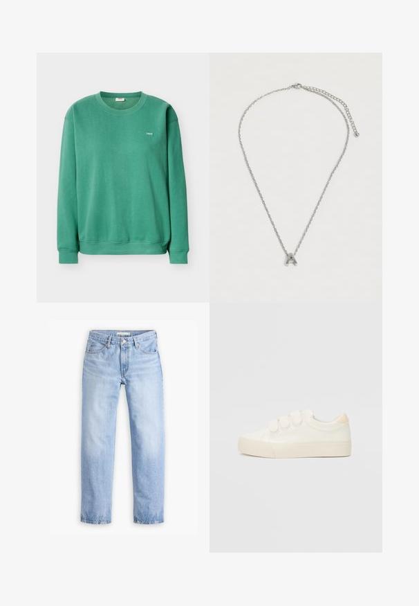 Groene trui gemaakt van zachte stof, met een ronde hals en lange mouwen. Klein label op de borst genaaid, eenvoudig ontwerp.; Lichtblauwe denim jeans met een rechte pijp, vijf zakken en een middelhoge taille. Heeft een vervaagde textuur en een gestikte zoom.; Witte sneakers met een gladde leren uitstraling, drie klittenbandsluitingen, ronde neus en een gestructureerde rubberen zool. Achteraccent in beige.; Zilveren ketting met een hanger in de vorm van de hoofdletter "A" en verstelbare sluiting op een effen witte achtergrond.