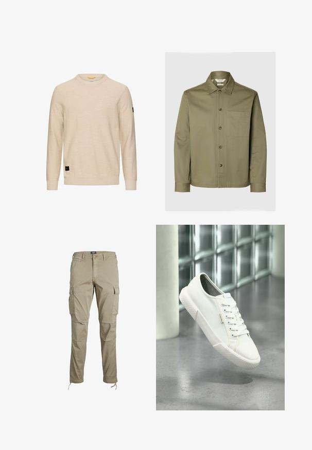 Beige trui met lange mouwen en een ronde hals, voorzien van geribde manchetten en zoom, met kleine zwarte merklabels aan de onderkant voor en op de linker mouw.; Olijfgroen shirt met lange mouwen, puntkraag, knopen aan de voorkant en een borstzak, op een effen lichte achtergrond.; Jack & Jones Cargo Tapered Fit - Cargobroek - dune; Witte Calvin Klein lage sneaker met veters, zwevend boven een grijze gepolijste vloer en een achtergrond van glazen blokken.