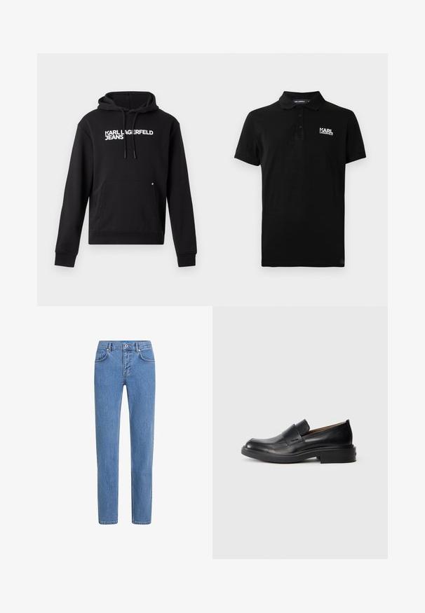 Musta huppari, joka on valmistettu pehmeästä kankaasta ja jossa on kengurupocket ja säätönyöri huppua varten. Rinnassa valkoisella painettuna "KARL LAGERFELD JEANS".; Mustapaita, jossa on lyhyet hihat ja kolme nappia, sekä valkoinen "KARL LAGERFELD" -logo vasemmassa rinnassa.; Vaaleansiniset farkut suoranlahkeisella muotoilulla, viisi taskua ja nappikiinnitys. Kangas on tekstuuripintaista ja siinä on hienovaraisia haalistumia.; Musta nahkainen slip-on-mallinen juhlakenkä, jossa on matala kanta ja hienovarainen Calvin Klein -logo sivussa, esitetty profiloituna valkoista taustaa vasten.