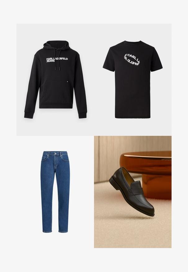 Sudadera negra de tejido suave, con un bolsillo canguro y capucha con cordón. "KARL LAGERFELD JEANS" impreso en blanco en el pecho.; Camiseta de algodón negra con mangas cortas y cuello redondo. Presenta un texto de logo distorsionado en blanco impreso en el frente.; Vaqueros de mezclilla azul con un corte recto, diseño de cinco bolsillos, costuras sutiles y un cierre de botón en la cintura.; Zapato mocasín de cuero negro con tacón bajo flotando sobre suelo alfombrado beige cerca de una mesa redonda marrón.