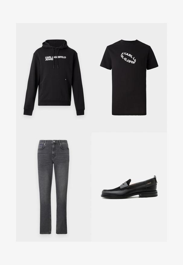Čierna mikina s kapucňou vyrobená z mäkkého materiálu, s klokankou a kapucňou s šnúrkou. Na hrudi je biele potlačené "KARL LAGERFELD JEANS".; Čierne bavlnené tričko s krátkymi rukávmi a okrúhlym výstrihom. Na prednej strane sa nachádza bielo deformovaný text loga.; Šedé denimové džínsy s rovnými nohavicami, päť vreciek a jemnými švovými detailmi. Tkanina má hladkú textúru.; Čierny kožený mokasín so sivým remienkom, nízkym podpätkom a textúrovanou podrážkou, so značkou "HUGO" v zlatej farbe na boku.