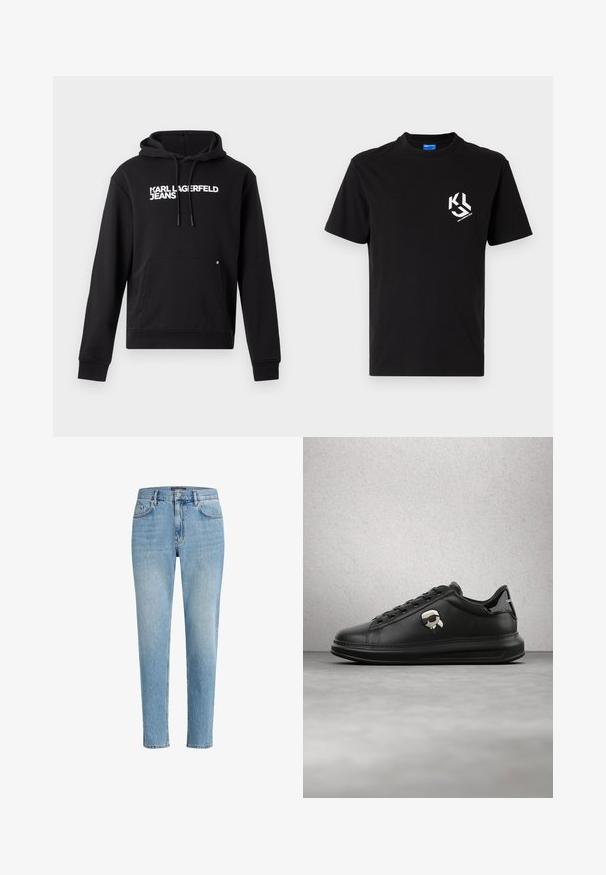 Schwarzer Kapuzenpullover aus weichem Stoff, mit einer Kängurutasche und verstellbarem Kapuzenschnürzug. "KARL LAGERFELD JEANS" in Weiß auf der Brust gedruckt.; Schwarzes Baumwoll-T-Shirt mit einem weißen Grafikdesign auf der linken Brustseite. Rundhalsausschnitt, kurze Ärmel und klassischer Schnitt.; Hellblaue Denim-Jeans mit einem lässigen Schnitt, Fünf-Taschen-Design und dezenten Abnutzungserscheinungen. Mit einem Markenpatch nahe der Taille.; Person trägt schwarze Lederhosen und schwarze Sneakers mit einem kleinen Comic-Charakter-Anhänger an der Seite, steht auf einem Holzboden.