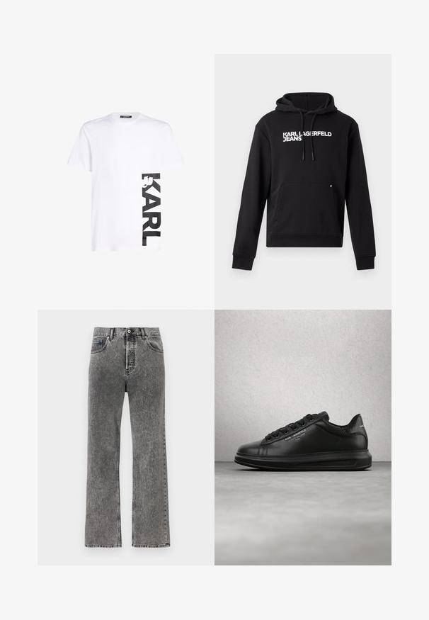 Sudadera negra de tejido suave, con un bolsillo canguro y capucha con cordón. "KARL LAGERFELD JEANS" impreso en blanco en el pecho.; Camiseta de algodón blanca con un gran logo impreso en negro "KARL" en el lado izquierdo, mangas cortas y un cuello redondo clásico.; Vaqueros de denim negro lavado de pierna recta con botón frontal y cremallera, trabillas para cinturón y diseño de cinco bolsillos.; Persona que lleva zapatillas negras Karl Lagerfeld con pantalones negros, de pie sobre un suelo de parquet de madera contra una pared blanca con paneles.
