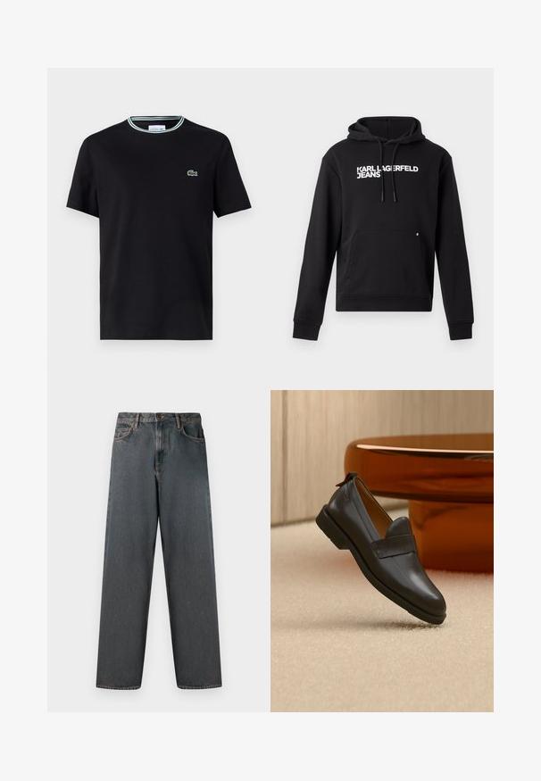 Čierna mikina s kapucňou vyrobená z mäkkého materiálu, s klokankou a kapucňou s šnúrkou. Na hrudi je biele potlačené "KARL LAGERFELD JEANS".; Čierne bavlnené tričko s okrúhlym výstrihom, s bielym a zeleným prúžkovaným lemovaním a vyšitým zeleným logo krokodíla na ľavej hrudi.; Tmavé šedé riflové nohavice so strihom do rovna, piatimi vreckami a zapínaním na gombík a zips. Materiál má jemné vyblednutie a švy.; Čierny kožený mokasín s nízkym podpätkom plávajúci nad béžovým koberecom, vedľa lesklého jantárovo sfarbeného stola v minimalistickej miestnosti.