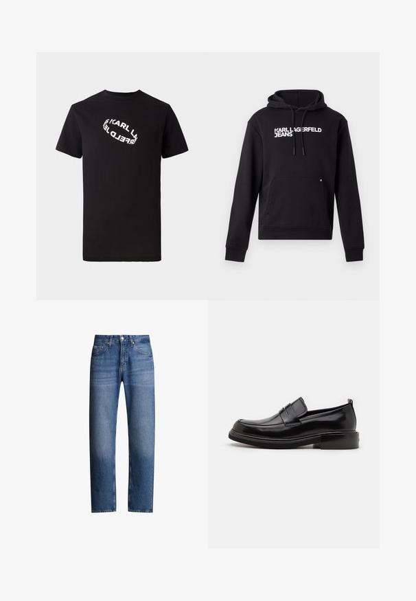 Sudadera negra de tejido suave, con un bolsillo canguro y capucha con cordón. "KARL LAGERFELD JEANS" impreso en blanco en el pecho.; Camiseta de algodón negra con mangas cortas y cuello redondo. Presenta un texto de logo distorsionado en blanco impreso en el frente.; Jeans de mezclilla azul con corte recto, cinco bolsillos y cremallera. Presentan un ligero desgaste y costuras a lo largo de las costuras.; Calvin Klein MOCCASIN - Mocasines elegantes - black