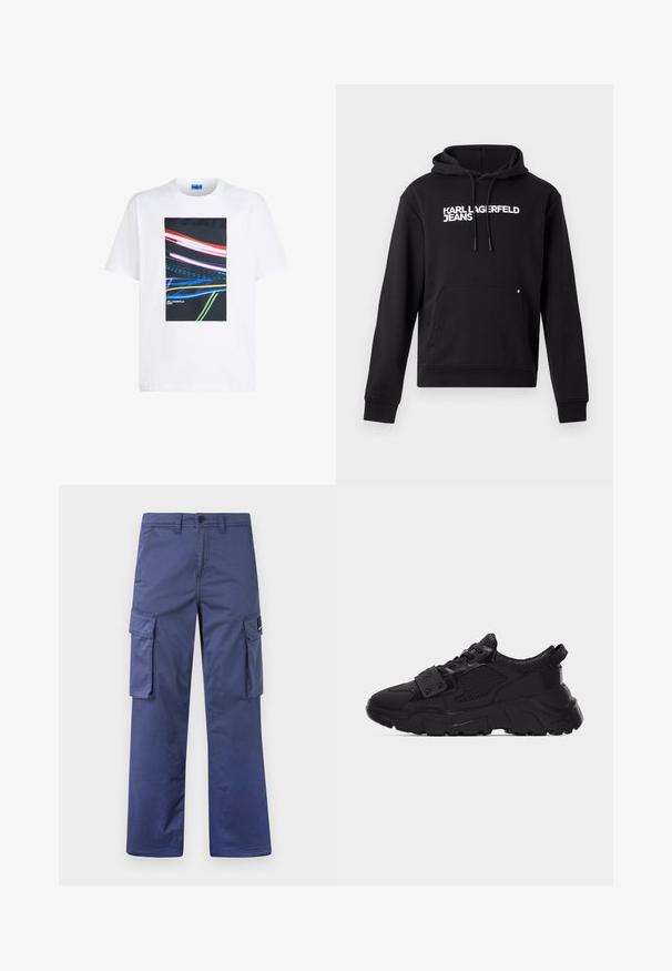 Zwarte hoodie van zachte stof, met een kangoeroezak en een capuchon met trekkoord. "KARL LAGERFELD JEANS" in het wit gedrukt over de borst.; Witte katoen t-shirt met een centraal rechthoekig graphic met kleurrijke lichtstralen in rood, blauw en groen tegen een zwarte achtergrond.; Marine cargobroek van duurzaam materiaal, met zijzakken, een recht gesneden ontwerp en een knoopsluiting in de taille.; Zwarte grove sneaker met mesh- en leren panelen, dikke gestructureerde zool, vetersluiting en een band met metalen studs over de veters.