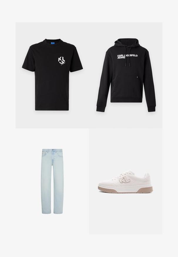 Čierna mikina s kapucňou vyrobená z mäkkého materiálu, s klokankou a kapucňou s šnúrkou. Na hrudi je biele potlačené "KARL LAGERFELD JEANS".; Čierne bavlnené tričko s bielou grafikou na ľavej strane hrude. Okrúhly výstrih, krátke rukávy a klasický strih.; Svetlomodré rifle z denimu s rovným strihom nohavíc, predným zapínaním na gombík a zips, pútkami na opasok a prednými vreckami.; Biela nízka teniska s béžovou podrážkou, bočným logom a šnurovaním na jednoduchom svetlosivom pozadí.