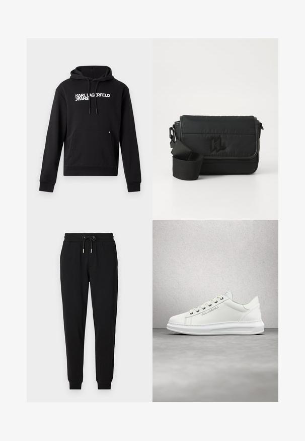 Sort hoodie lavet af blødt stof, med en kængurulomme og hætte med snor. "KARL LAGERFELD JEANS" trykt i hvidt på brystet.; Sorte sweatpants med elastisk talje, justerbar snor, sidelommer og tapered ben. Fremstillet af blødt, strækbart stof.; Hvide lædersneakers med rund tå, glat tekstur, udstyret med off-white snørebånd, sølvøjer og prægede logo på siden.; Sort messenger taske lavet af nylon, med en quiltet design, justerbar rem og prægede logo på forsiden. Glat tekstur.