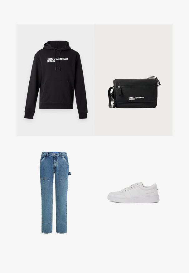 Čierna mikina s kapucňou vyrobená z mäkkého materiálu, s klokankou a kapucňou s šnúrkou. Na hrudi je biele potlačené "KARL LAGERFELD JEANS".; Modré denimové džínsy s rovnými nohavicami, so kontrastnými záplatami, dvoma prednými vreckami a viditeľným pútkom po boku.; Biele kožené tenisky s klasickým nízkym strihom, plochou podrážkou a diskrétnym logom značky na päte. Obsahujú päť kovových očiek na šnúrky.; Čierna messenger taška z hladkého nylónu. Má nastaviteľný popruh, predné vrecko na zips a biely potlačený logo. Obdĺžnikový tvar s minimalistickým dizajnom.