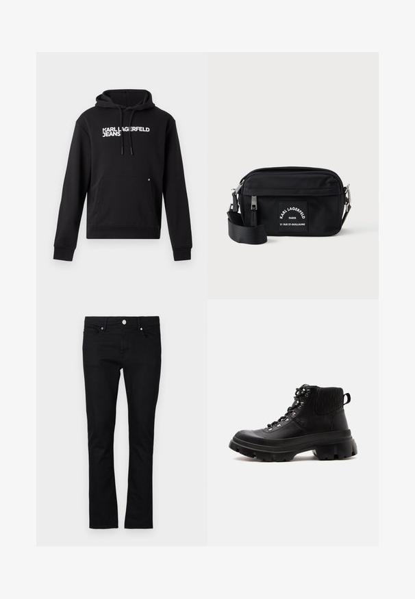 Sudadera negra de tejido suave, con un bolsillo canguro y capucha con cordón. "KARL LAGERFELD JEANS" impreso en blanco en el pecho.; Jeans de mezclilla negra con un corte ajustado, diseño de pierna recta, estilo de cinco bolsillos y cierre de botón metálico, con detalles de costura mínimos.; Botín negro de cuero con suela gruesa estriada, ojales metálicos, cuello acolchado con patrón texturizado y lengüeta en la parte trasera.; Bolso cruzado de nylon negro con cierre de cremallera, correa ajustable y una etiqueta de marca blanca que presenta "Karl Lagerfeld Paris". Diseño compacto.